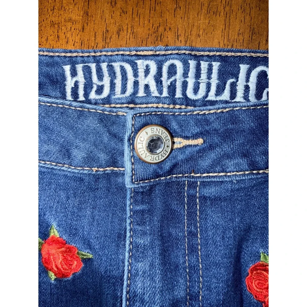 Hydraulic Denim Skirt Women 12 Blue Excellent Rose Embroidered Raw Hem Mini